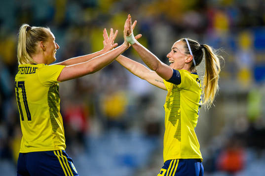 Kosovare Asllani and Stina Blackstenius of Sweden celebrates