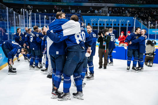 Marko Anttila and Saku Mänalanen of Finland celebrate