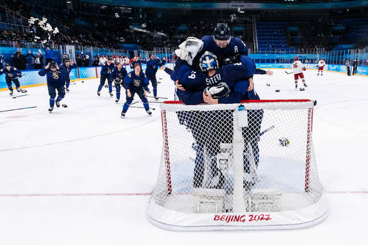 goaltender Harri Säteri and Marko Anttila of Finland