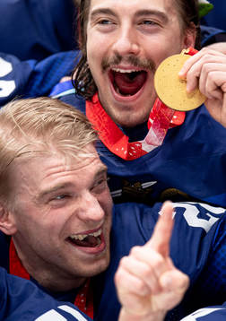 Joonas Nattinen and Hannes Björninen of Finland celebrate