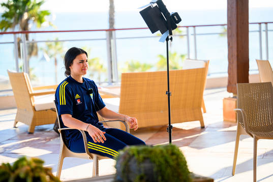 Goalkeeper Zecira Musovic is interviewed by the media