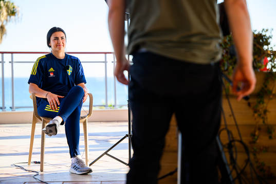 Goalkeeper Zecira Musovic is interviewed by the media