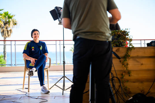 Goalkeeper Zecira Musovic is interviewed by the media