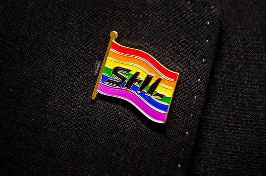 SHL pride-pin på kavaj innan ishockeymatchen i SHL mellan