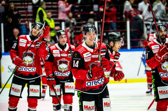 Malmö Redhawks Carl-Johan Lerby jublar med lagkamraterna