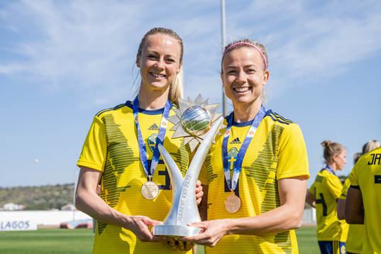 Amanda Ilestedt and Hanna Glas of Sweden celebrate with the