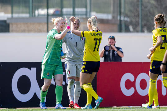 Goalkeeper Hedvig Lindahl and Stina Blackstenius of Sweden
