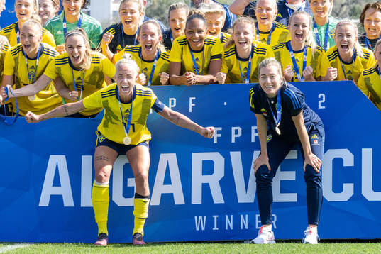 Caroline Seger and Linda Sembrant of Sweden celebrate with
