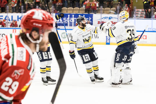 s Taylor Matson och HV71:s målvakt Filip Larsson  jublar