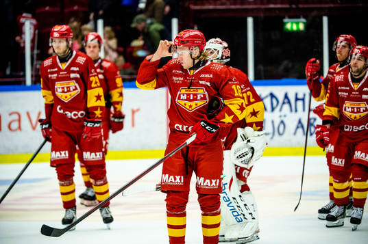 Malmö Redhawks Marcus Sylvegård deppar med lagkamraterna