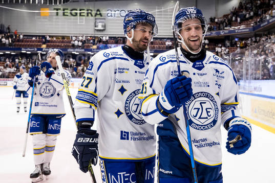 Leksands Marek Hrivik och Leksands Max Veronneau  jublar