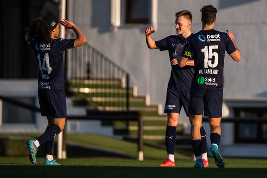 Rasmus Karjalainen of Helsingborg celebrates scoring 1-0