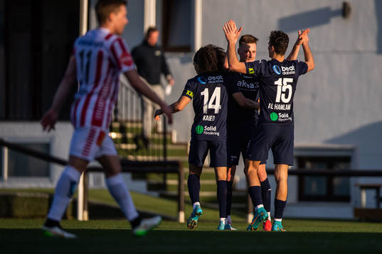 Rasmus Karjalainen of Helsingborg celebrates scoring 1-0