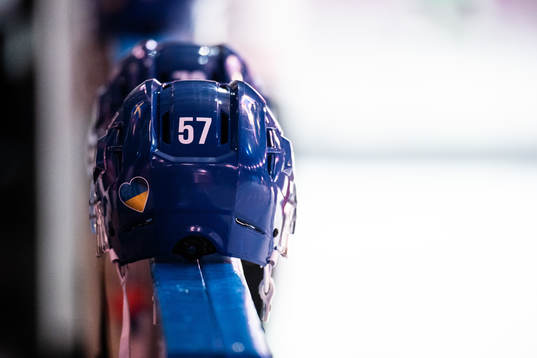 The helmet of Brady Austin of Tappara with a sticker in
