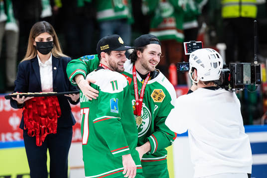 Mattias Sjögren and Dennis Everberg of Rögle celebrate