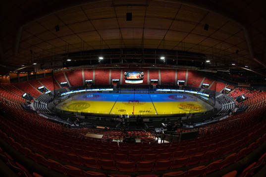 The ice in in the arena Scandinavium is lit in blue and