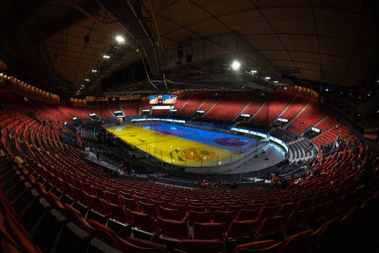 The ice in in the arena Scandinavium is lit in blue and