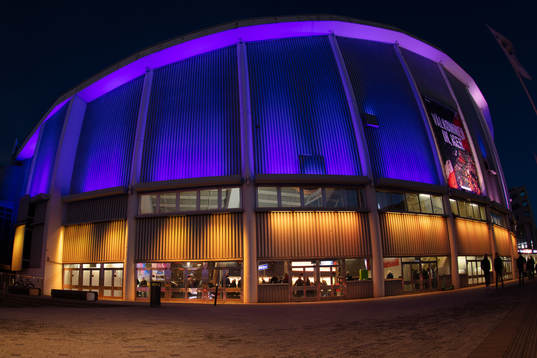 The arena Scandinavium is lit in blue in solidarity with