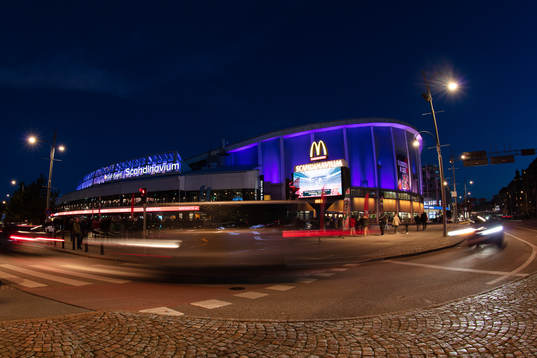 The arena Scandinavium is lit in blue in solidarity with