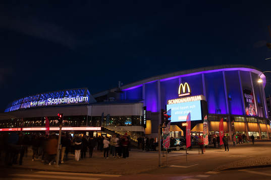 The arena Scandinavium is lit in blue in solidarity with
