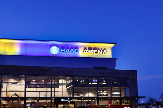 The arena is lit in the Ukrainian colors