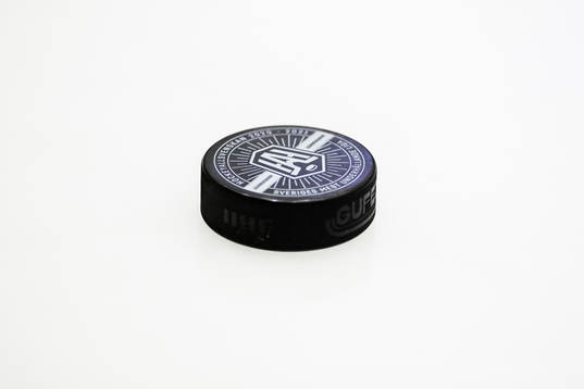En puck med Hockeyallsvenskans logo på
