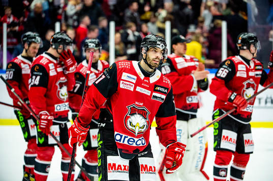 Malmö Redhawks Markus Lauridsen deppar med lagkamraterna