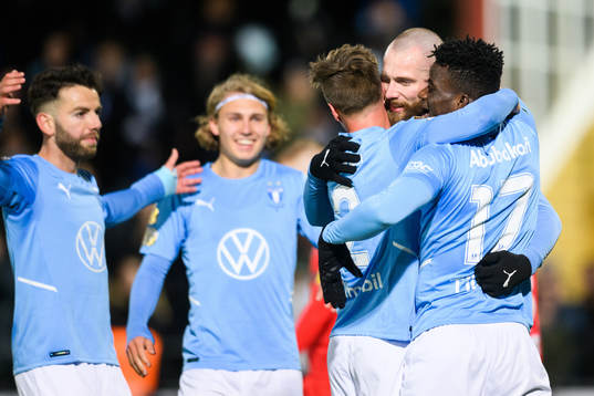 Malmö FFs Jo Inge Berget och Malik Abubakari jublar