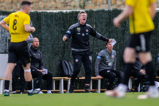 Sven Andersson, goalkeeper coach of Helsingborg reacts