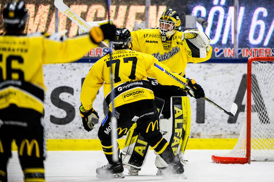 Västerås målvakt Linus Ryttar och Ludvig Jardeskog jublar