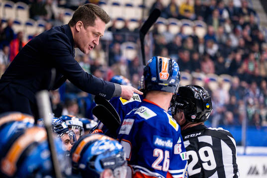 Växjös tränare Sam Hallam i diskussion med Domare