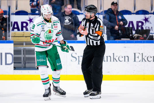 Rögles Dennis Everberg pratar med Domare Richard Magnusson