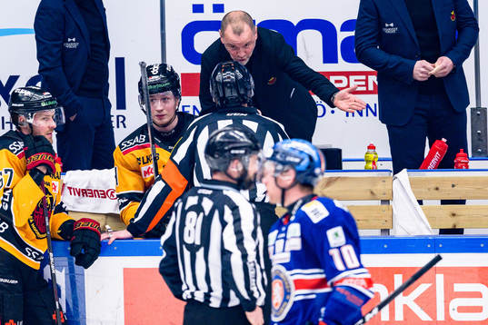 Luleås  tränare Thomas Berglund pratar med Domare