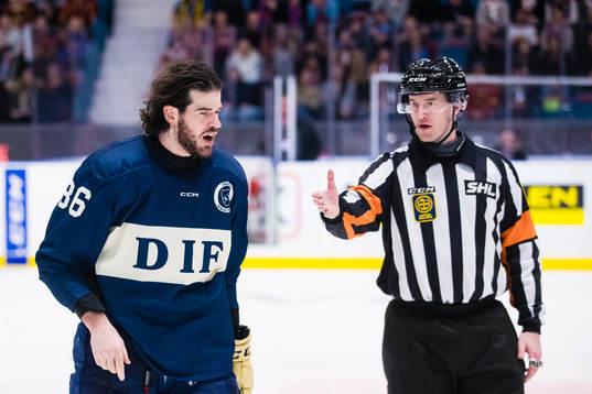 Djurgårdens Eric Gelinas och Domare Mikael Andersson