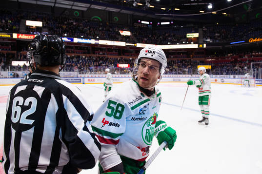 Linjedomare Peter Almerstedt  och Rögles Ryan McKiernan