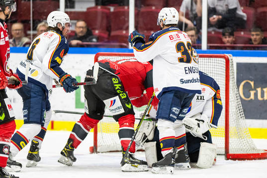 Malmö Redhawks Emil Sylvegård i kamp  med Djurgårdens