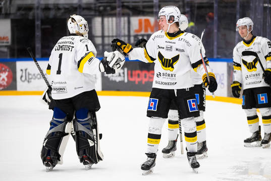 Västerås målvakt Ian Blomquist och Johan Norberg  jublar