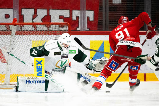 Färjestads målvakt Dennis Hildeby och Timrås Viktor Lodin