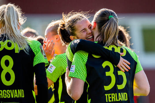 Elisabeth Terland of Brann celebrates with teammate Tuva