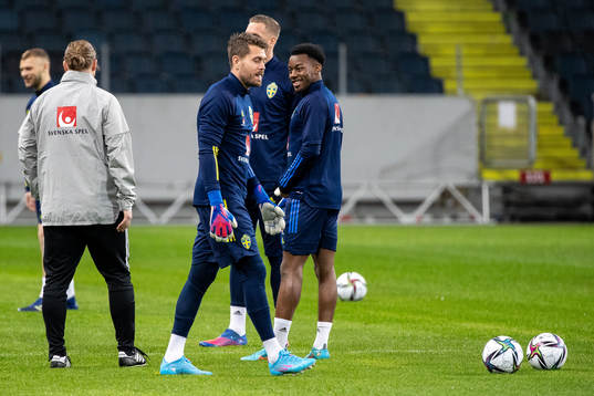 Goalkeeper Kristoffer Nordfeldt and Anthony Elanga of the