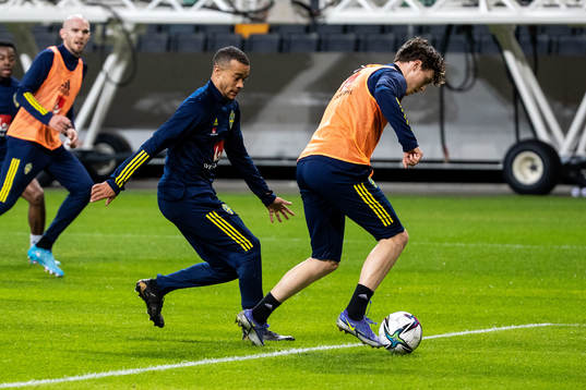 Robin Quaison and Victor Nilsson Lindelöf of the Swedish