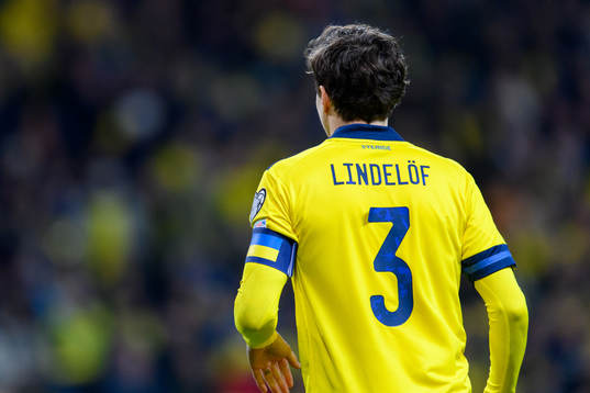 Victor Lindelöf of Sweden with the flag of Ukraine