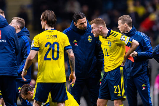 Zlatan Ibrahimovic talks to Dejan Kulusevski of Sweden