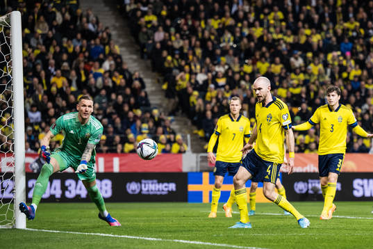 goalkeeper Robin Olsen and Marcus Danielson of Sweden