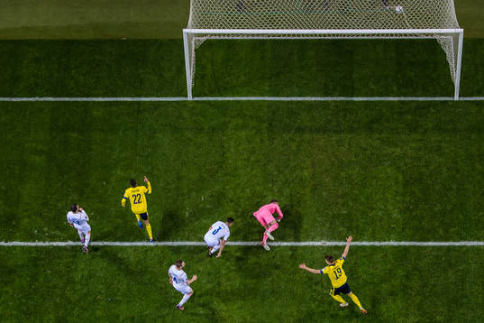 Robin Quaison and Mattias Svanberg of Sweden celebrate the