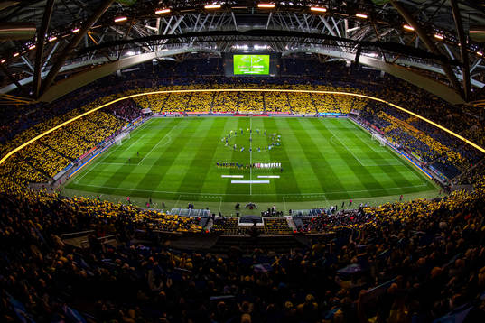 General view of Friends Arena with players of Sweden and of