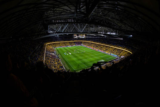 General view of Friends Arena with players of Sweden and of