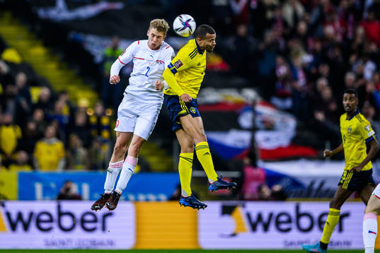 David Zima of Czech Republic and Robin Quaison of Sweden