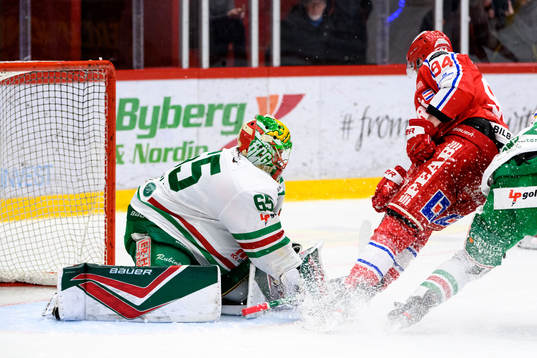 Rögles målvakt Christoffer Rifalk mot Timrås Sebastian