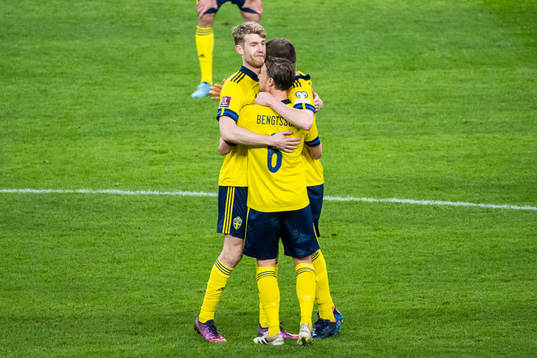 Filip Helander and Pierre Bengtsson of Sweden celebrate